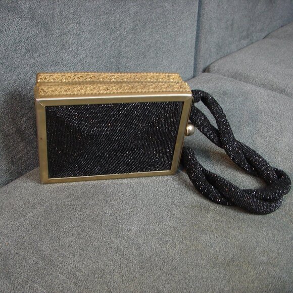 Vintage Purse 1940s Tyrolean Bag Mini Streamer Black Sequin and gold filigree - Picture 11 of 11